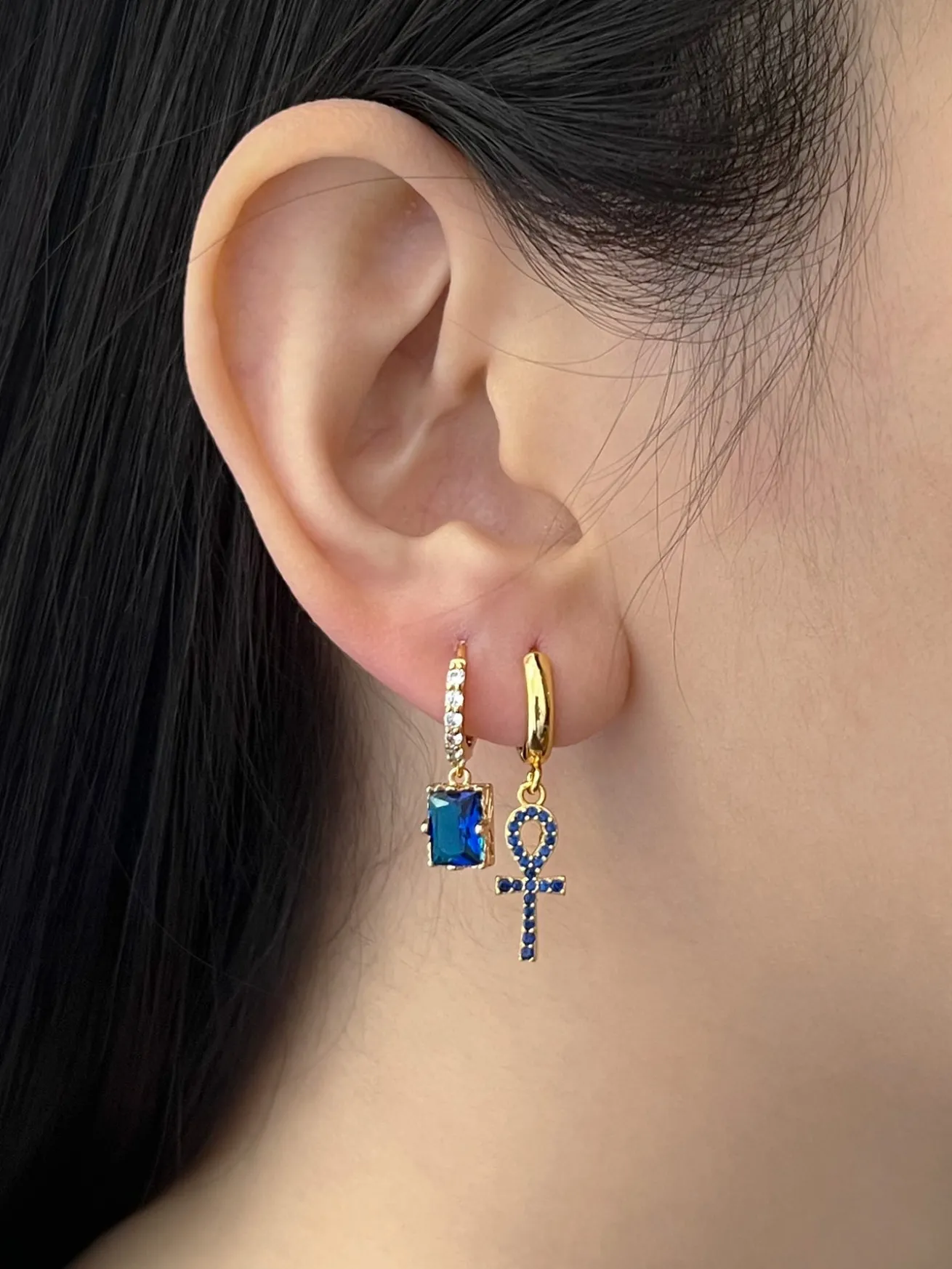 Ankh Huggies - Blue Gemstones