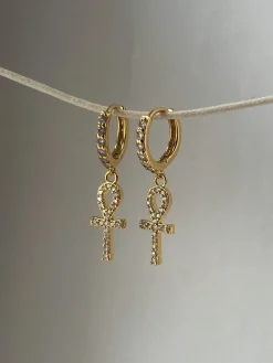Ankh Pavé Huggies - Clear Gemstones
