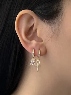 Ankh Pavé Huggies - Clear Gemstones