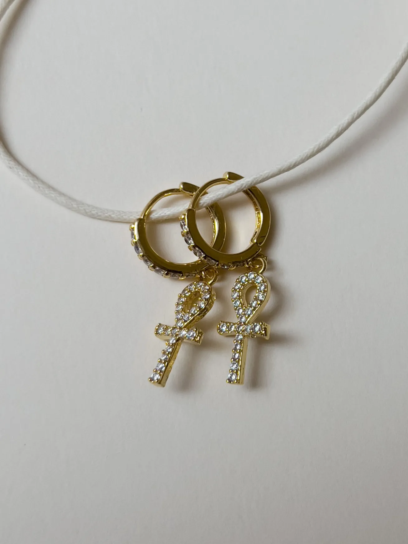 Ankh Pavé Huggies - Clear Gemstones
