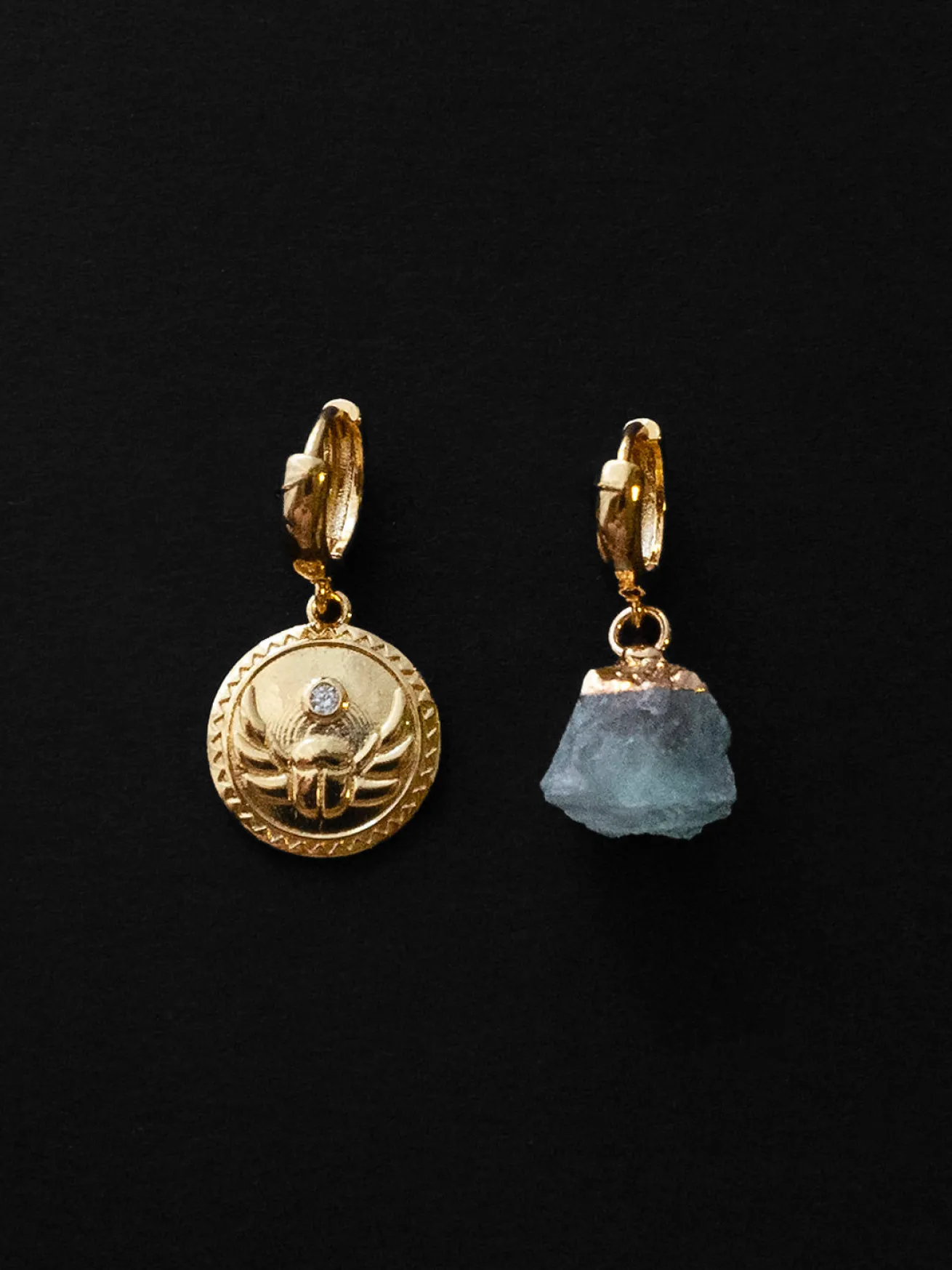 Aquamarine Stone & Scarab Mismatched Huggies