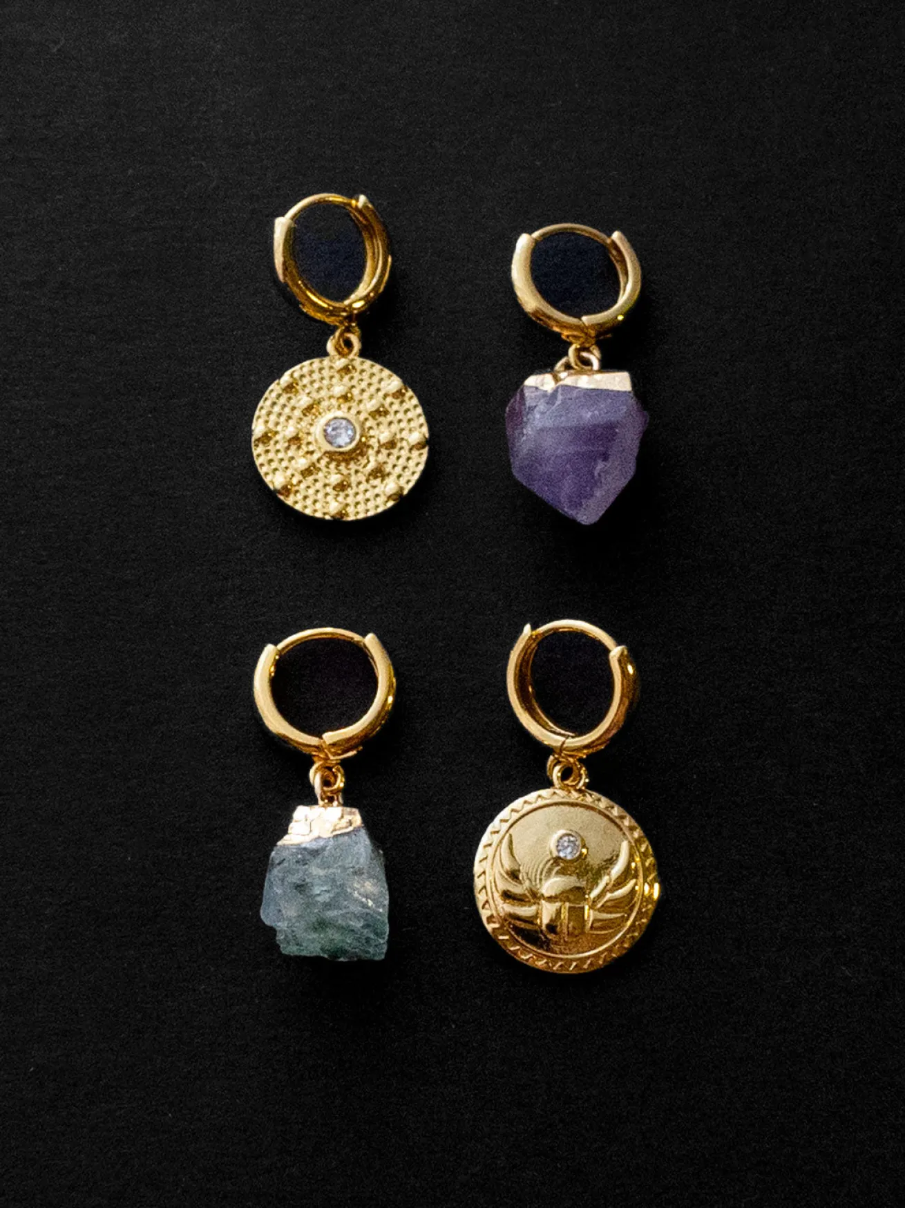 Aquamarine Stone & Scarab Mismatched Huggies