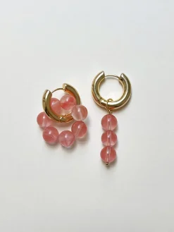 Asymmetrical Hoops with Natural Stones - Pink