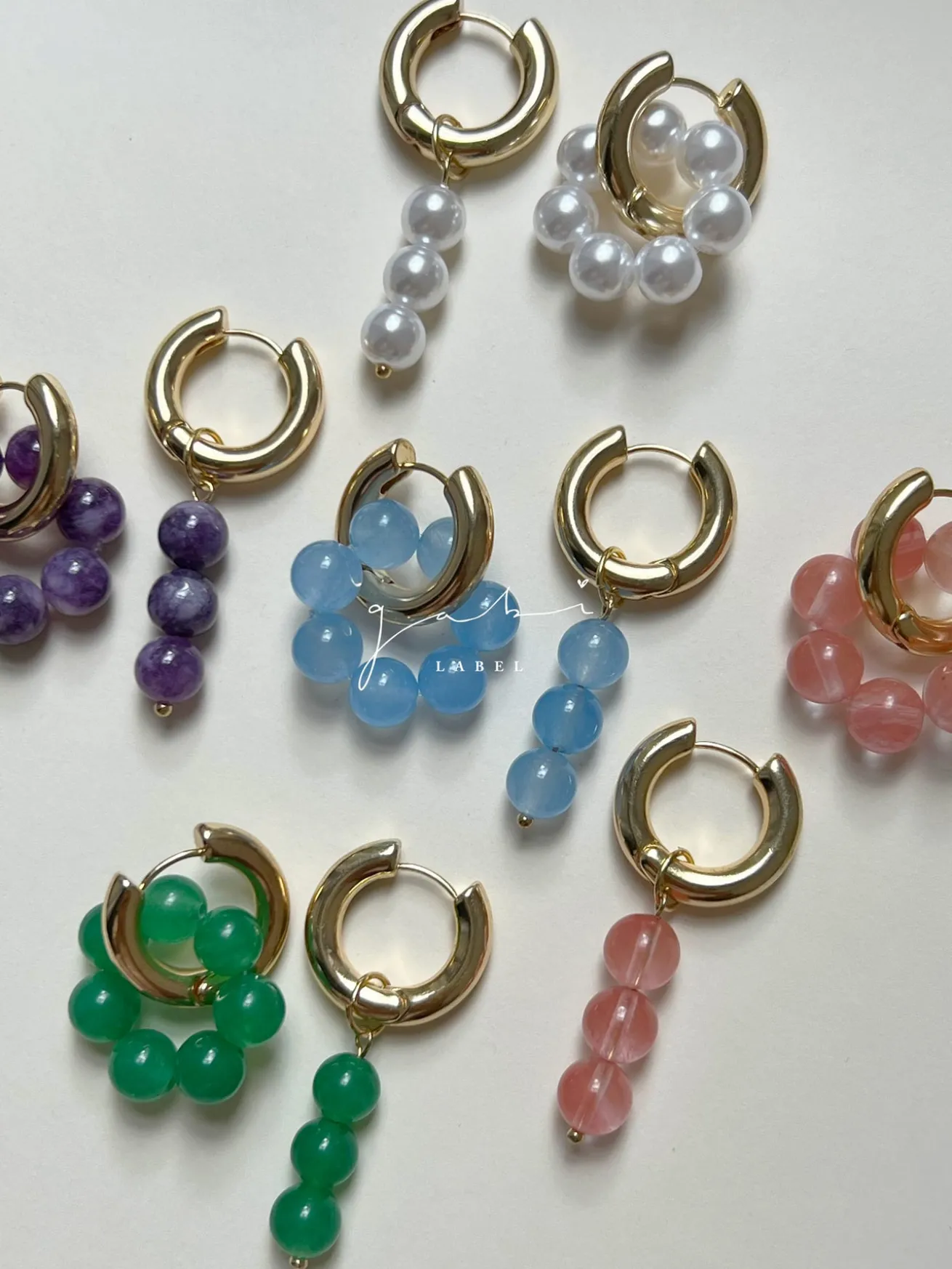 Asymmetrical Hoops with Natural Stones - Green