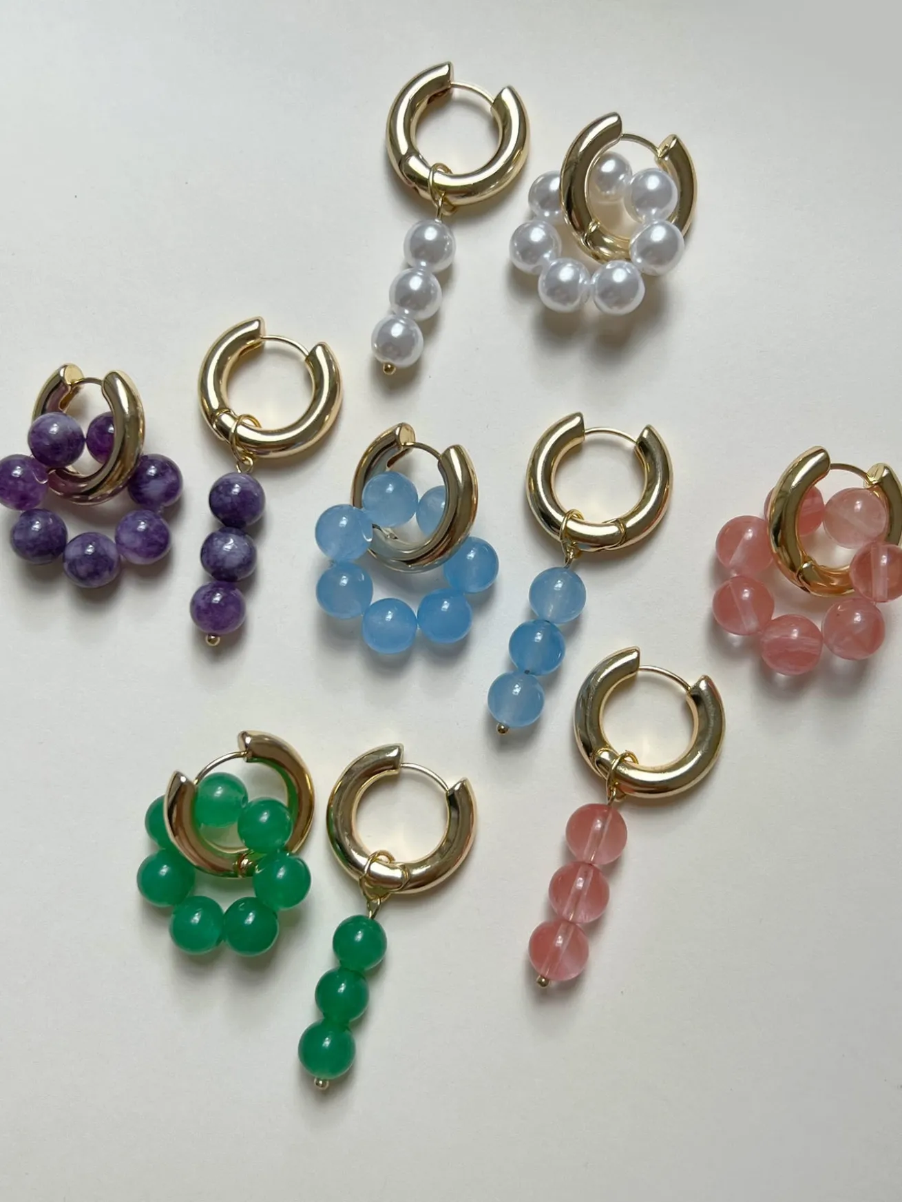 Asymmetrical Hoops with Natural Stones - Pink