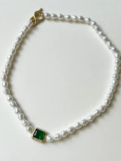 Baroque Pearl Necklace with Emerald Gemstone