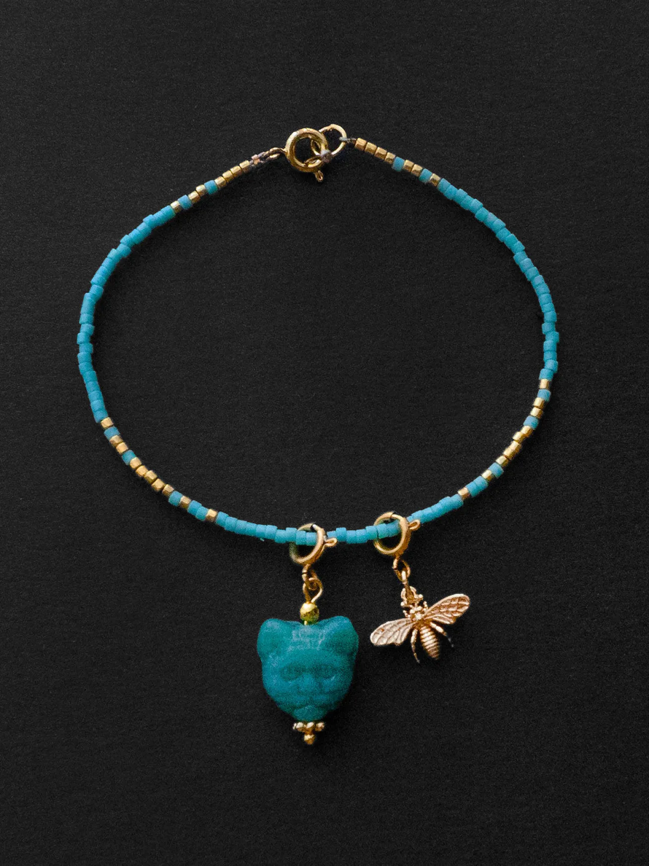 Beaded Bracelet - Turquoise Glass Cat, Gold Bee