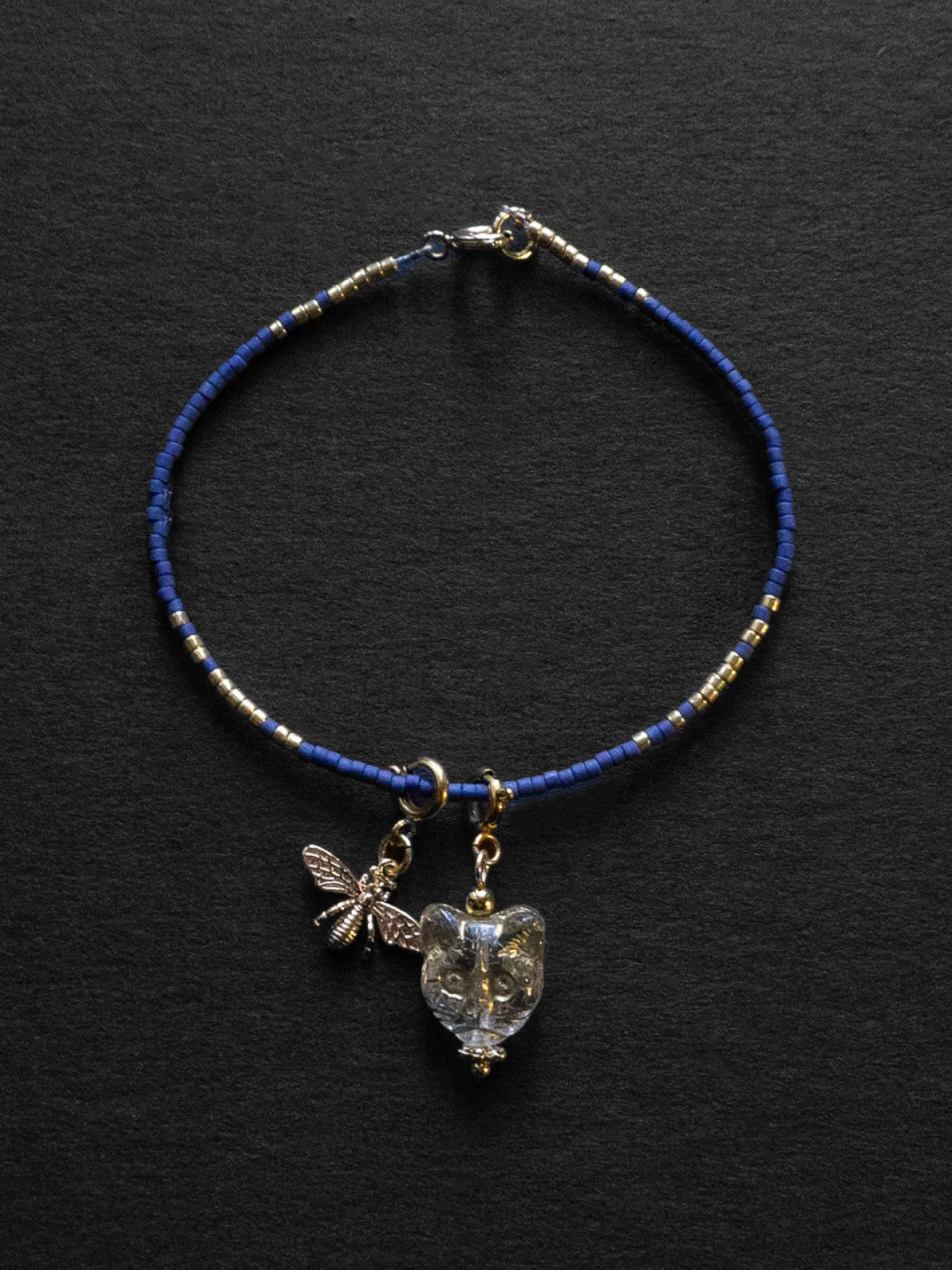 Beaded Bracelet Dark Blue - Cat, Bee