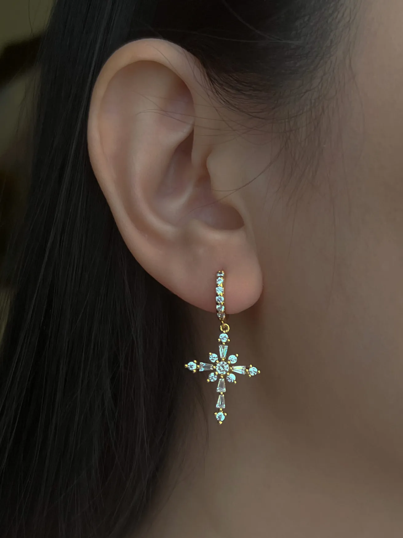 Belief Cross Pavé Huggie Hoops