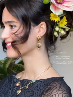 Black Cloisonne Heart Chunky Gold Hoops