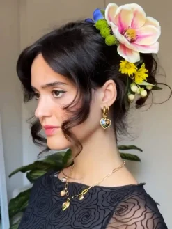 Black Cloisonne Heart Chunky Gold Hoops