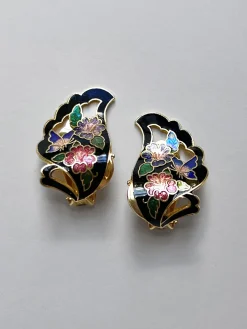 Black Oriental Floral Clip-Ons (Vintage)