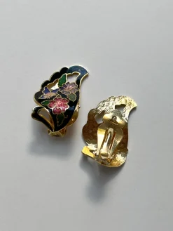 Black Oriental Floral Clip-Ons (Vintage)