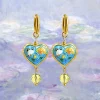 Blue Cloisonne Heart Dangling Earrings with Yellow Glass Crystal