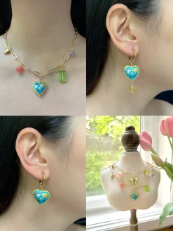 Blue Cloisonne Heart Dangling Earrings with Yellow Glass Crystal