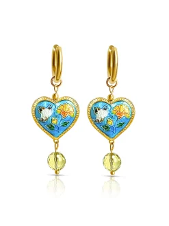 Blue Cloisonne Heart Dangling Earrings with Yellow Glass Crystal