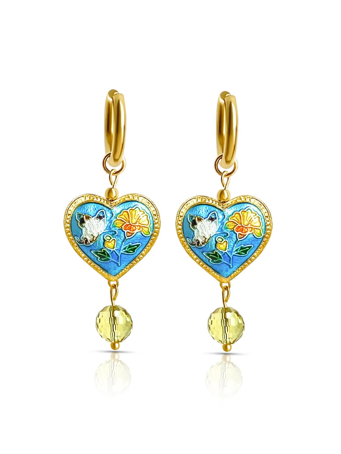 Blue Cloisonne Heart Dangling Earrings with Yellow Glass Crystal