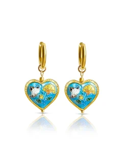 Blue Cloisonne Heart Hoops