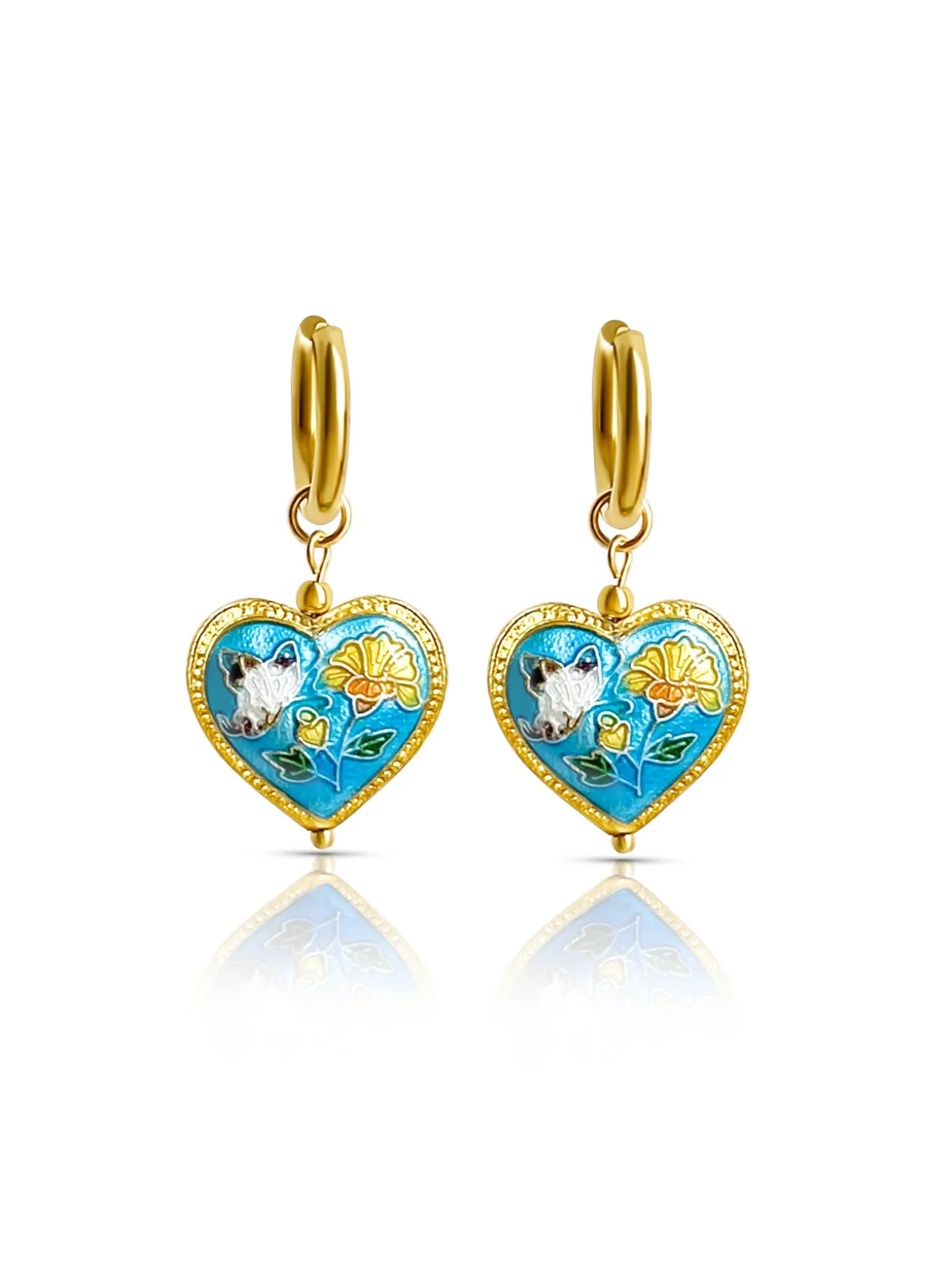Blue Cloisonne Heart Hoops