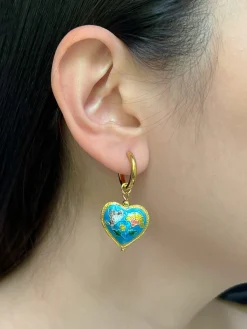 Blue Cloisonne Heart Hoops