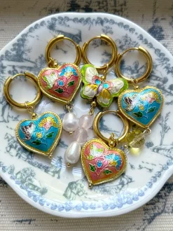 Blue Cloisonne Heart Hoops