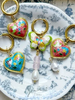 Blue Cloisonne Heart Hoops