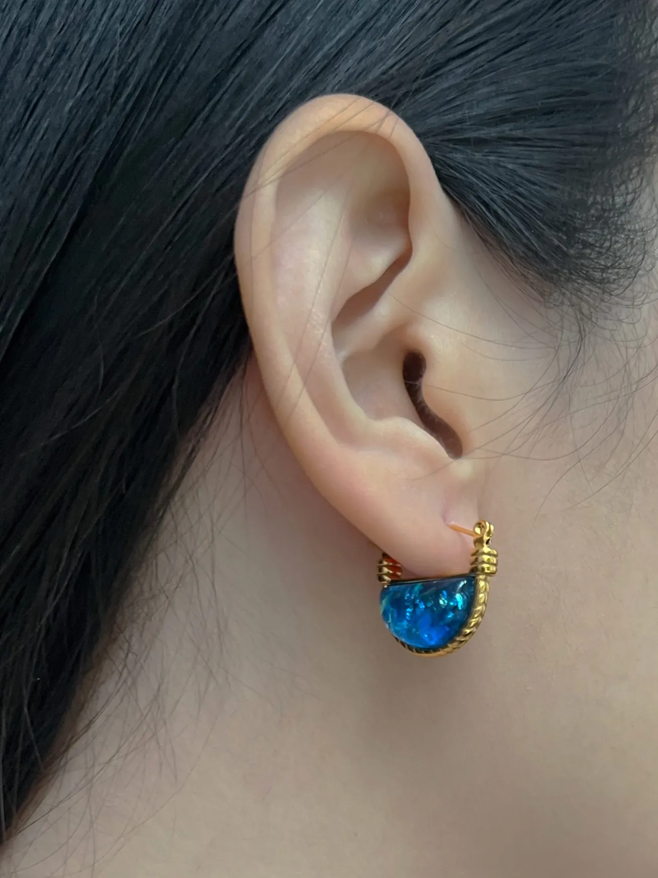 Blue Sea Marble Petite Hoops