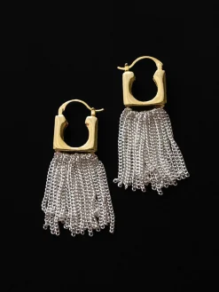 Boxy Gold Earrings with Silver Dangling Chains