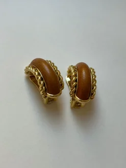 Brown Leather Gold Chain Clip-Ons (Vintage)