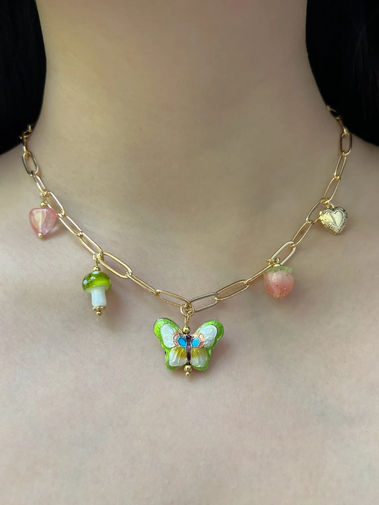 Butterfly Cloisonne Charm Necklace with Mushroom - Apple Green