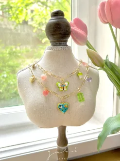 Butterfly Cloisonne Charm Necklace with Mushroom - Apple Green