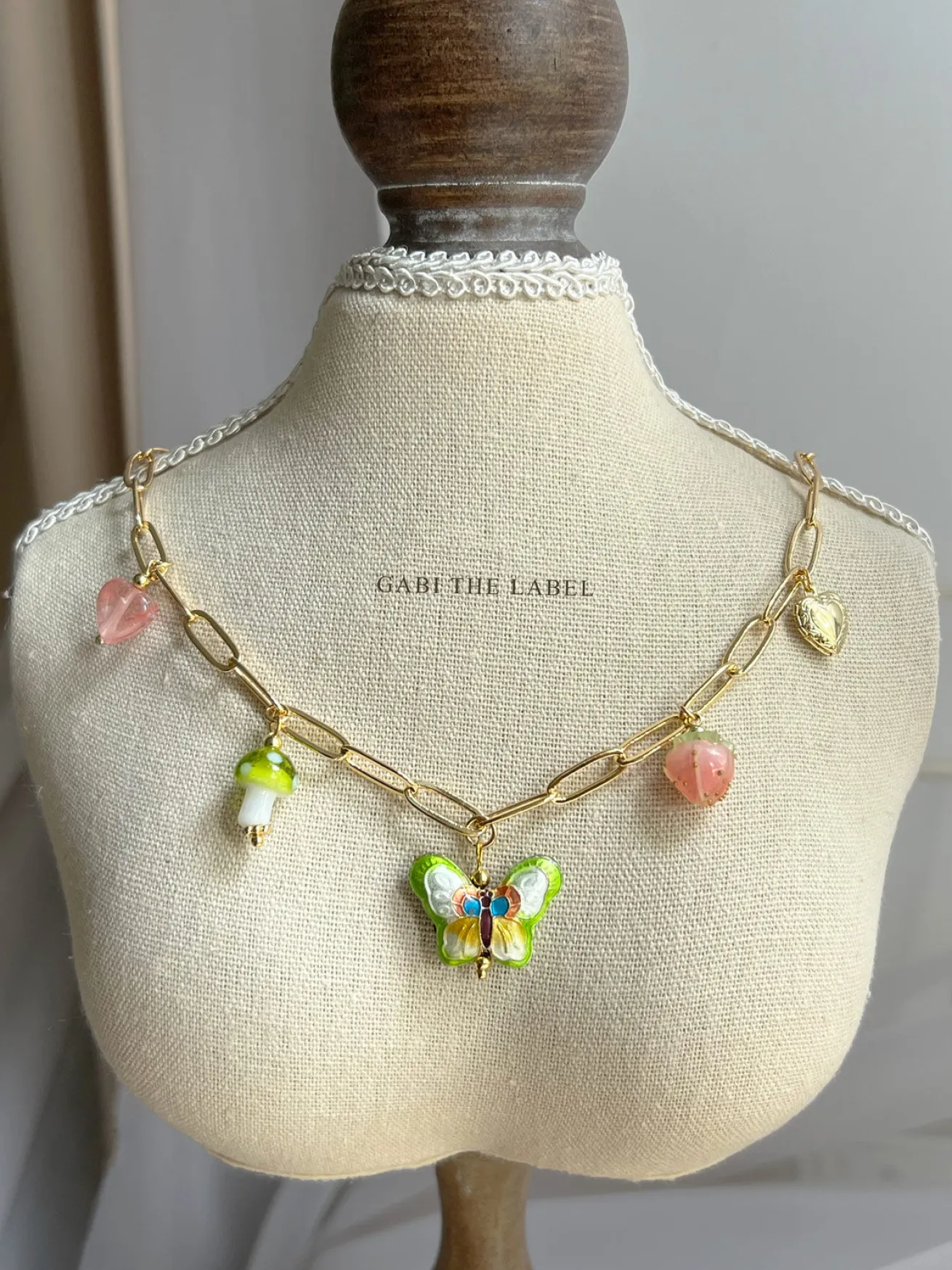 Butterfly Cloisonne Charm Necklace with Mushroom - Apple Green