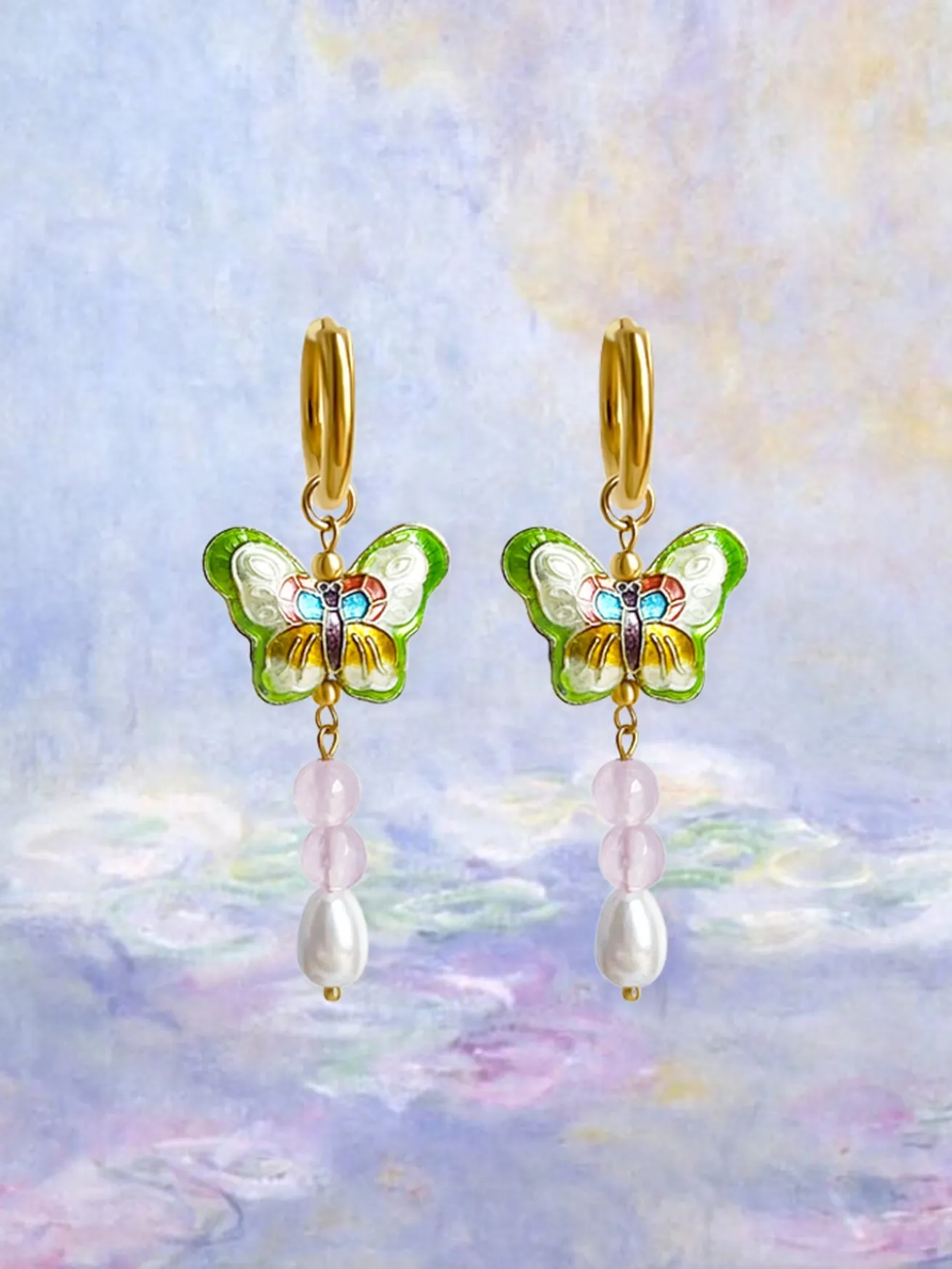 Butterfly Cloisonne Charm Necklace with Mushroom - Apple Green