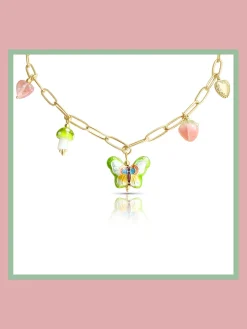 Butterfly Cloisonne Charm Necklace with Mushroom - Apple Green