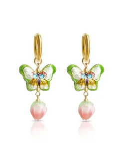 Butterfly Cloisonne Dangling Earrings - Peachy Flower Bud