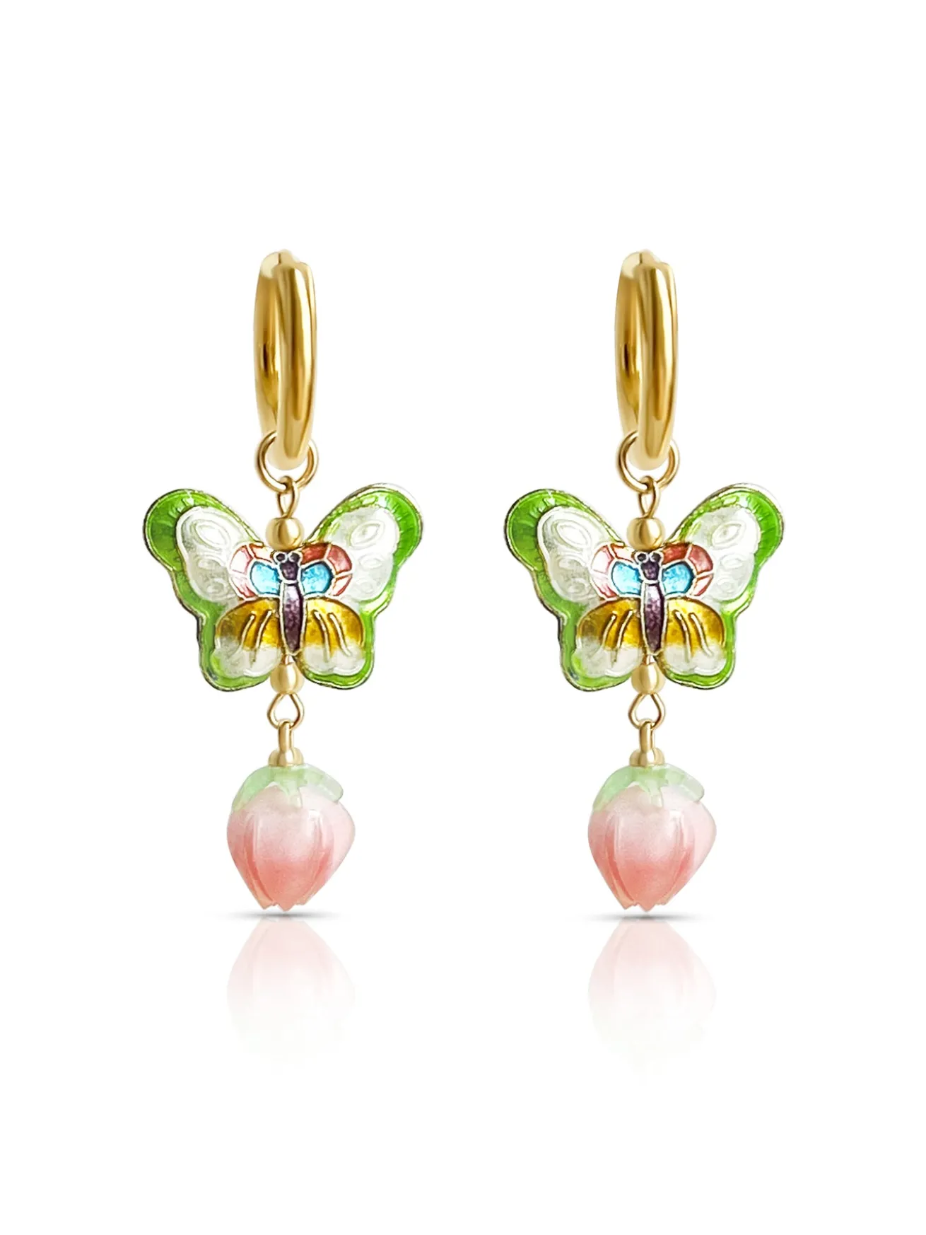 Butterfly Cloisonne Dangling Earrings - Peachy Flower Bud