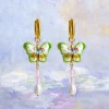 Butterfly Cloisonne Dangling Earrings - Rose Quartz/Teardrop Pearl