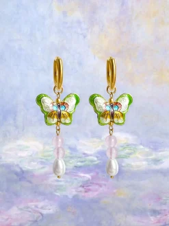Butterfly Cloisonne Dangling Earrings - Rose Quartz/Teardrop Pearl
