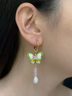 Butterfly Cloisonne Dangling Earrings - Rose Quartz/Teardrop Pearl