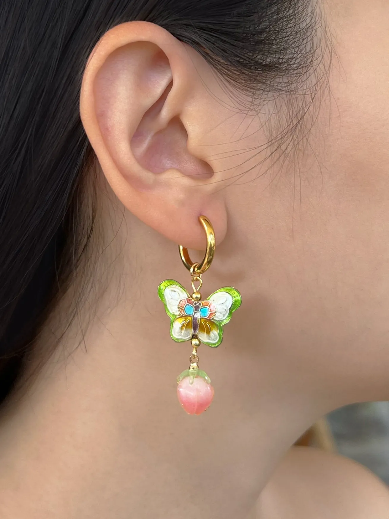 Butterfly Cloisonne Dangling Earrings - Peachy Flower Bud