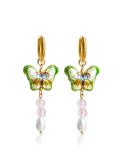 Butterfly Cloisonne Dangling Earrings - Rose Quartz/Teardrop Pearl