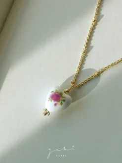 Ceramic Flower Heart Necklace - Pink
