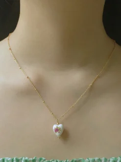 Ceramic Flower Heart Necklace - Pink