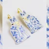 Ceramic Handpainted Cat Earrings with Flowers - Gold/Blue