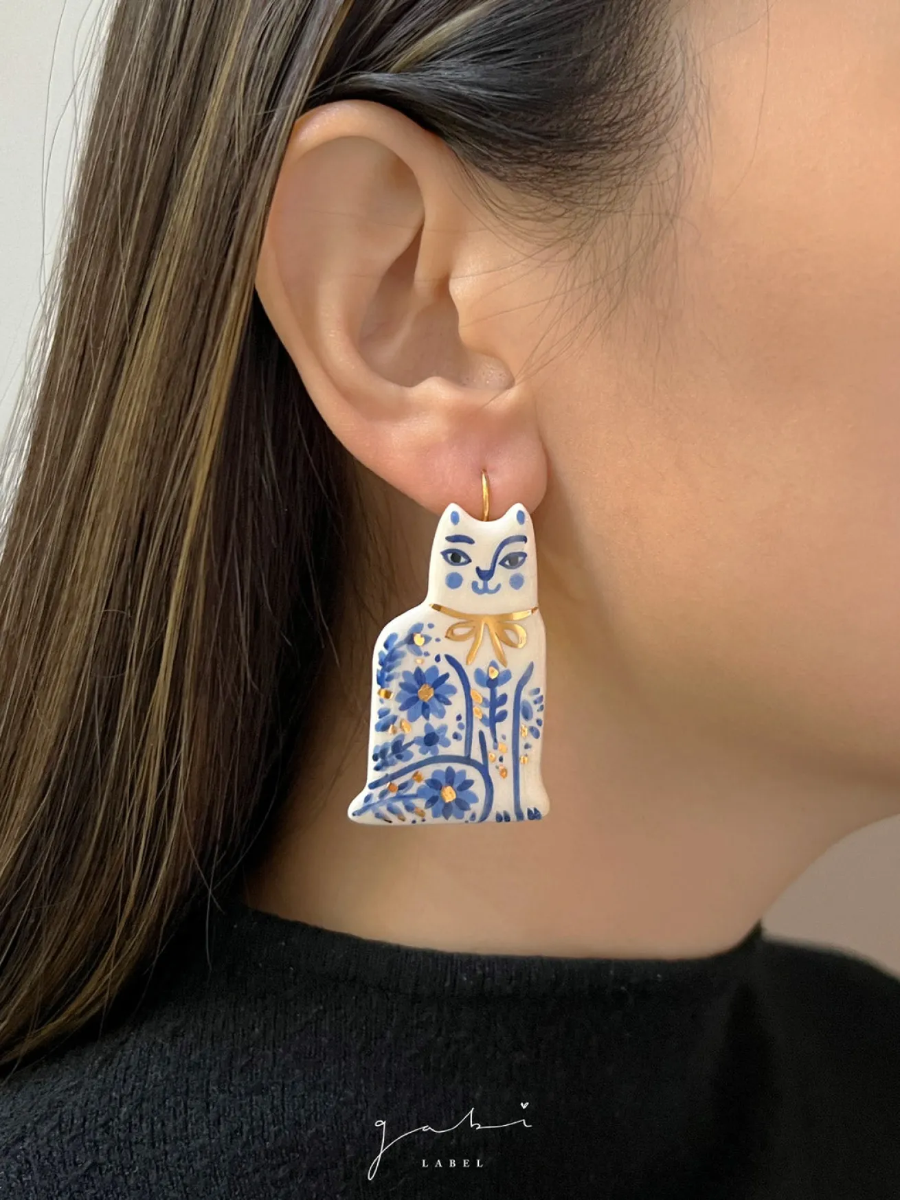Ceramic Handpainted Cat Earrings with Flowers - Silver/Blue