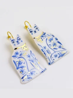 Ceramic Handpainted Cat Earrings with Flowers - Gold/Blue