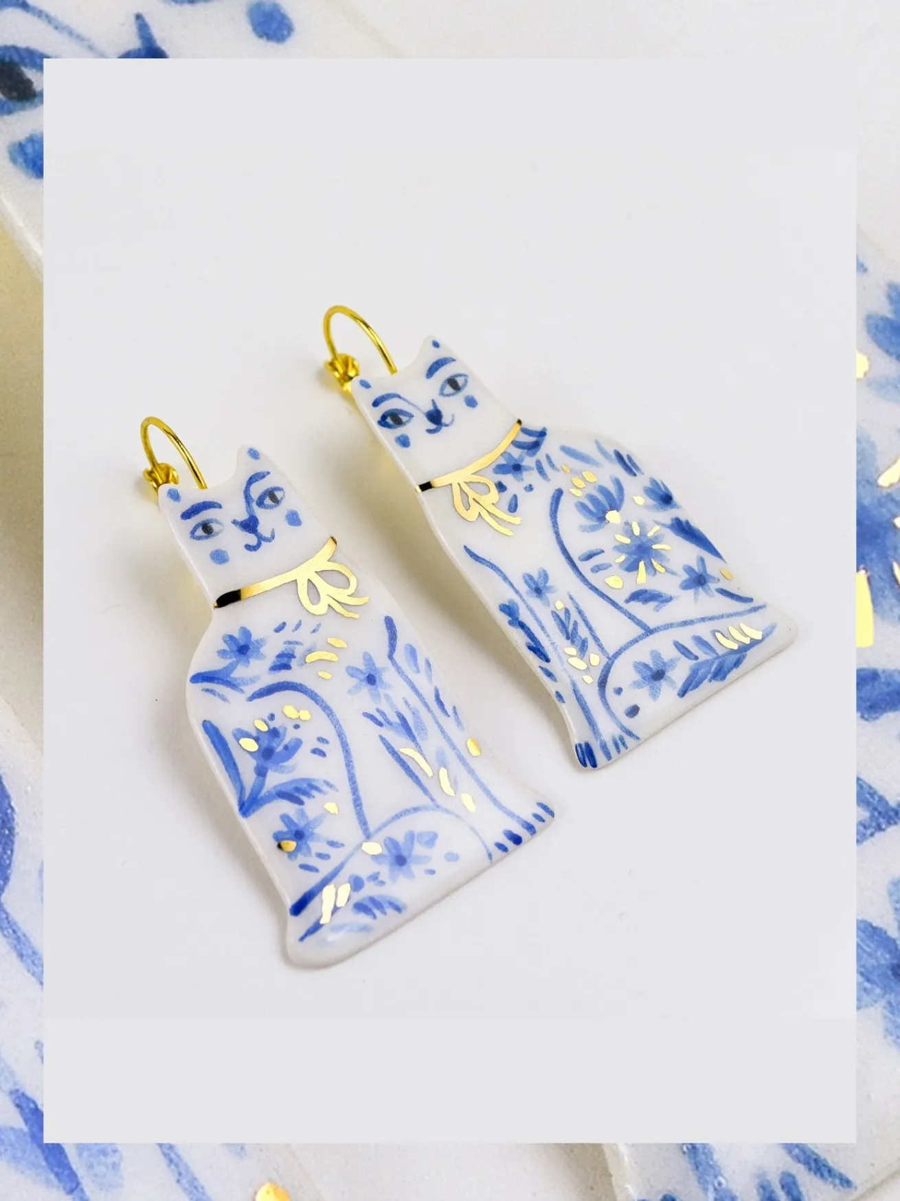Ceramic Handpainted Cat Earrings with Flowers - Silver/Blue