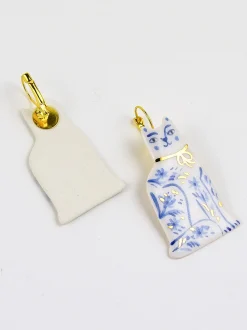 Ceramic Handpainted Cat Earrings with Flowers - Silver/Blue