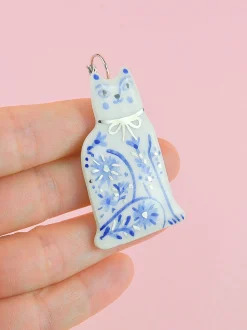 Ceramic Handpainted Cat Earrings with Flowers - Gold/Blue