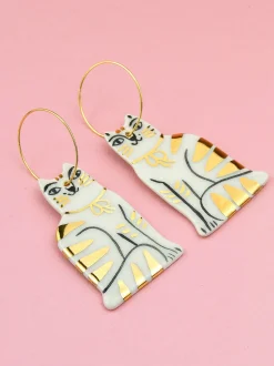 Ceramic Handpainted Cat Hoops with Stripes - Silver
